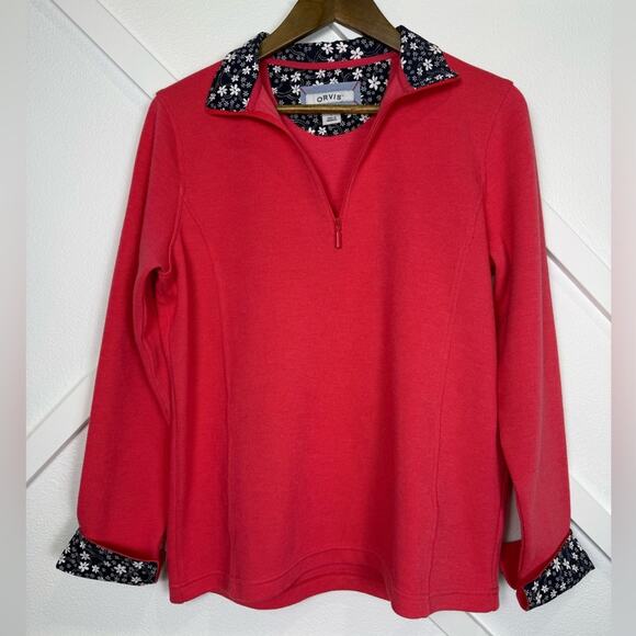Orvis Signature Softest Print-Trimmed Quarter-Zip Sweatshirt Pink Size Large - Picture 1 of 10